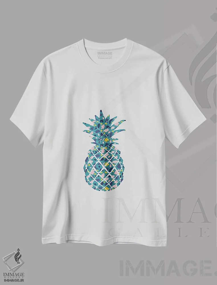 تیشرت سفید طرح دار آناناس به رنگ آبی متمایل به سبز، دکور معاصر اثر اورارا استودیو | فروشگاه ایماژ