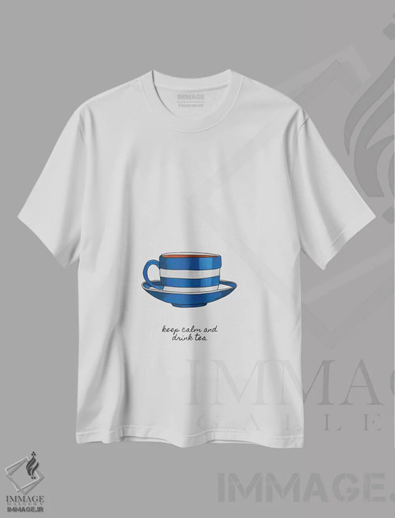 تیشرت سفید طرح دار آرام باش و چای بنوش، تزئینی اثر اورارا استودیو | immage.ir