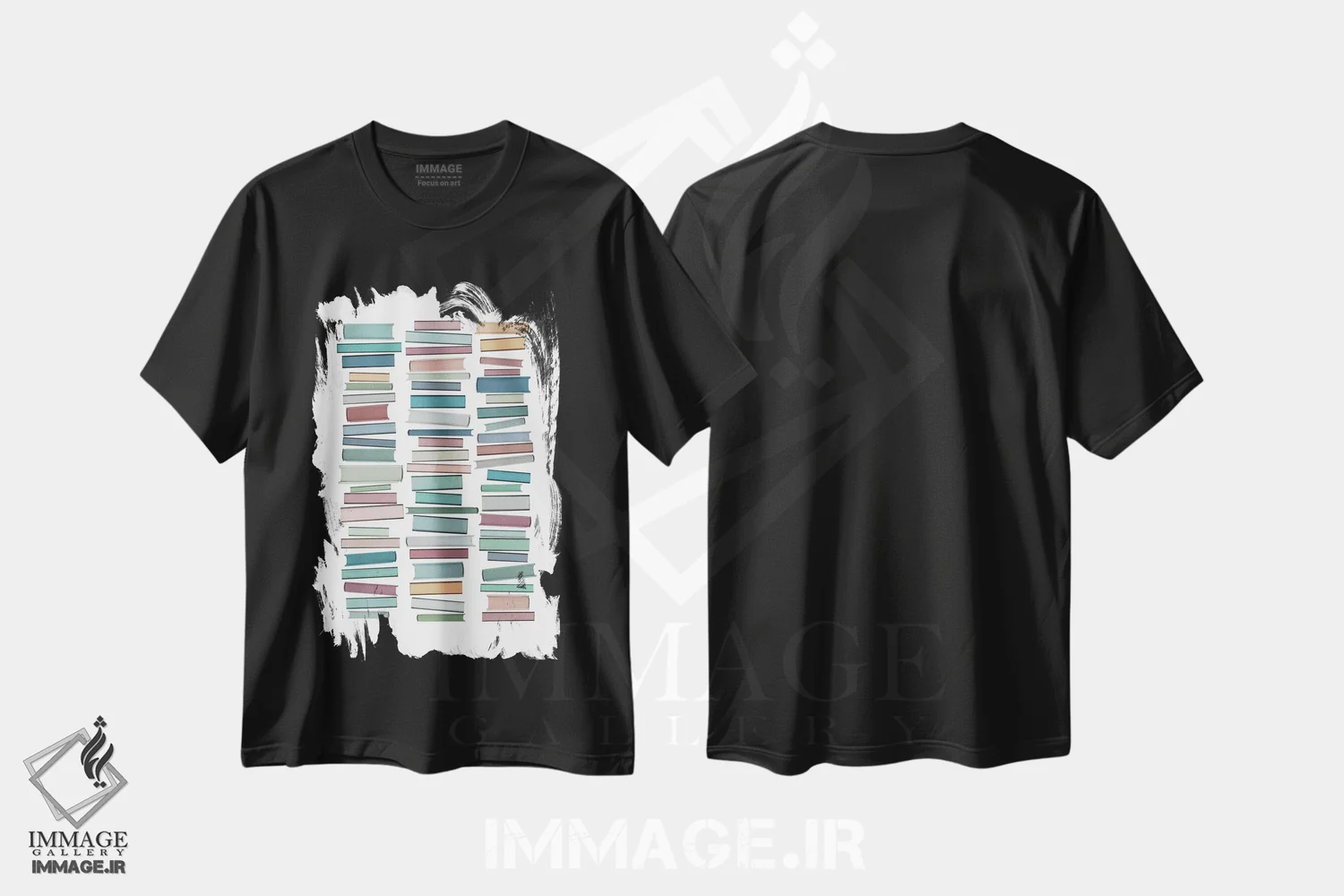 تیشرت مشکی طرح دار کتاب های پاستلی، آبستره اثر اورارا استودیو | immage.ir