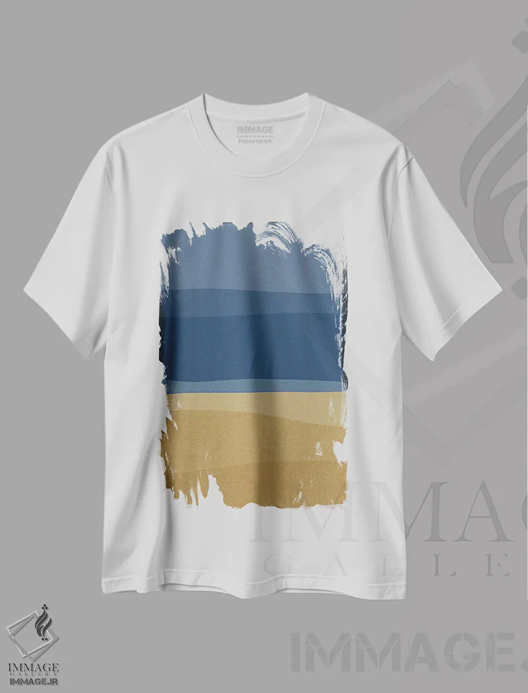 تیشرت سفید طرح دار مدرن آبی و زرد اثر اورارا استودیو | immage.ir