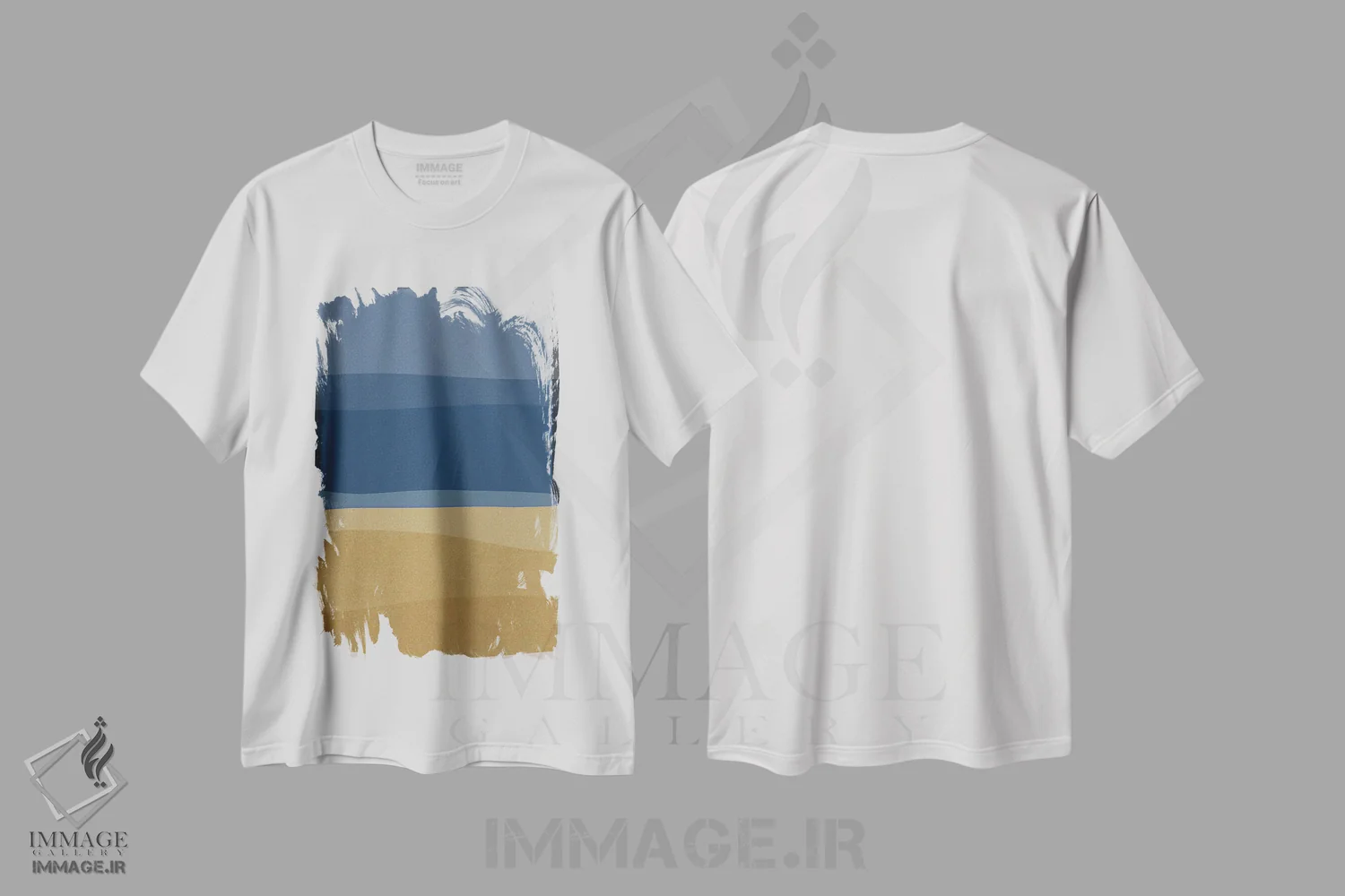 تیشرت سفید طرح دار مدرن آبی و زرد اثر اورارا استودیو | immage.ir