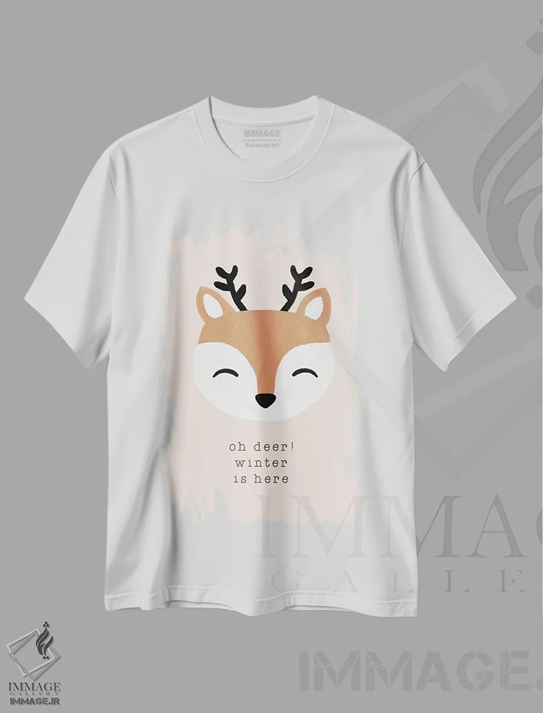 تیشرت سفید طرح دار ای آهو، زمستان آمده است، تابلو و عبار ت های کریسمسی اثر اورارا استودیو | فروشگاه ایماژ