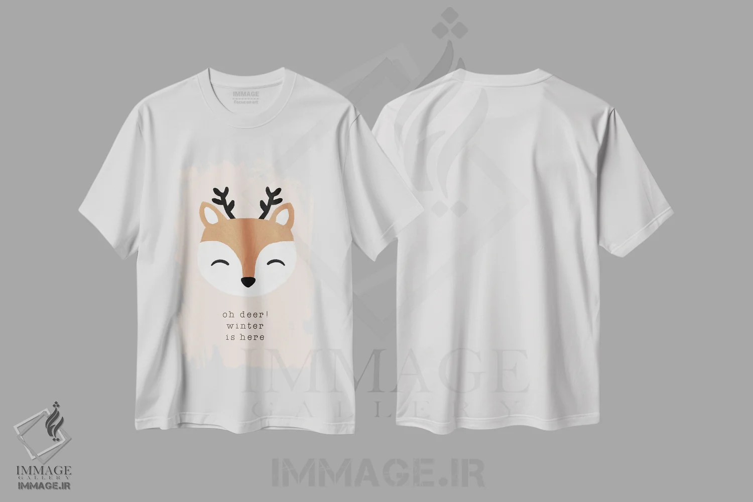 تیشرت سفید طرح دار ای آهو، زمستان آمده است، تابلو و عبار ت های کریسمسی اثر اورارا استودیو | فروشگاه ایماژ