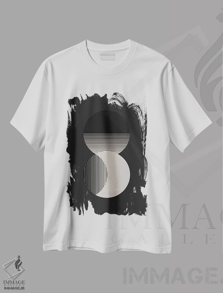 تیشرت سفید طرح دار دایره خورشید و ماه سیاه و سفید، آبستره اثر اورارا استودیو | immage.ir