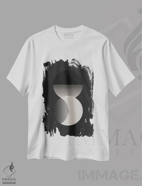 تیشرت سفید طرح دار دایره خورشید و ماه سیاه و سفید، آبستره اثر اورارا استودیو | immage.ir