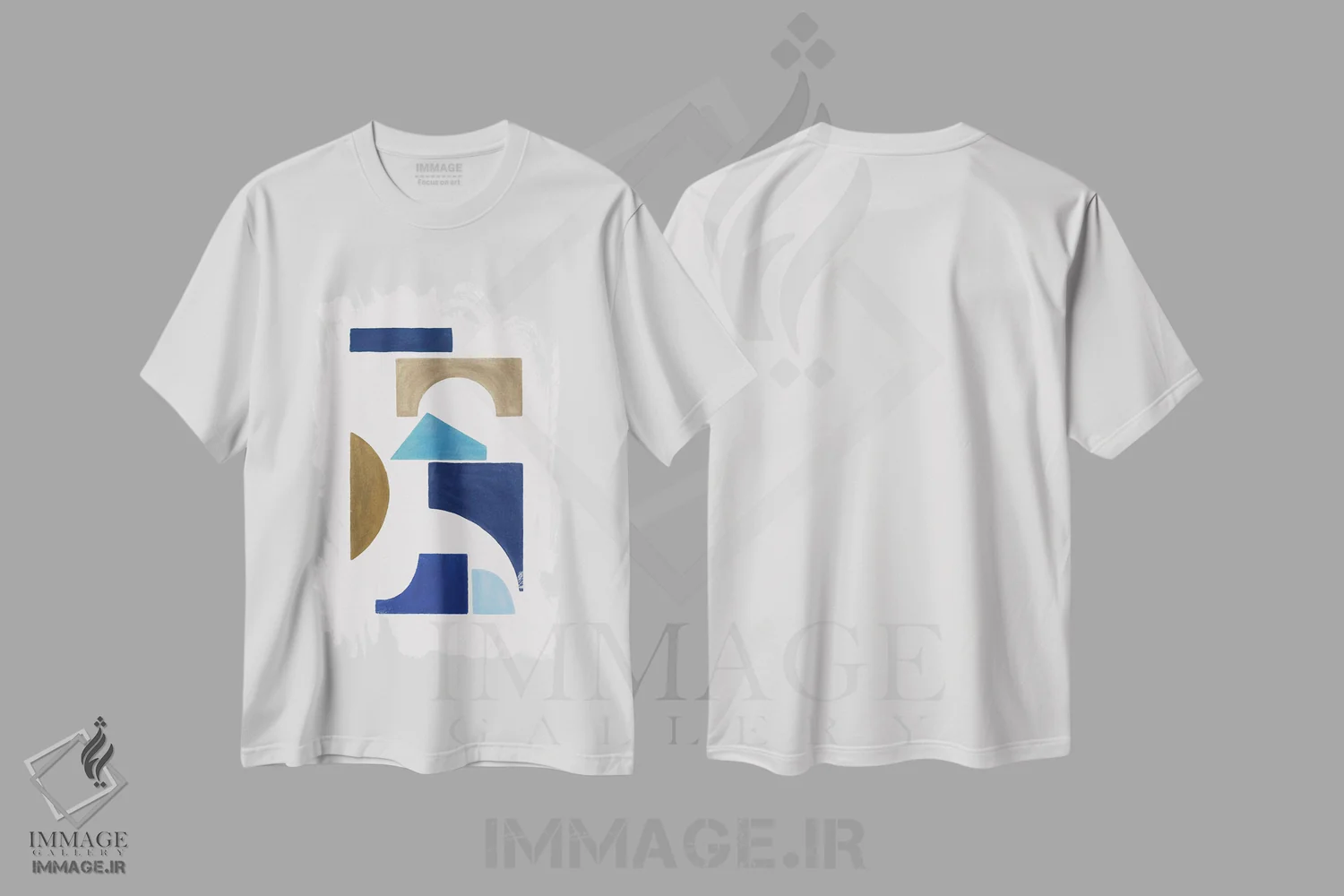 تیشرت سفید طرح دار هندسی آبی و قهوه ای ۱، آبستره اثر اورارا استودیو | immage.ir