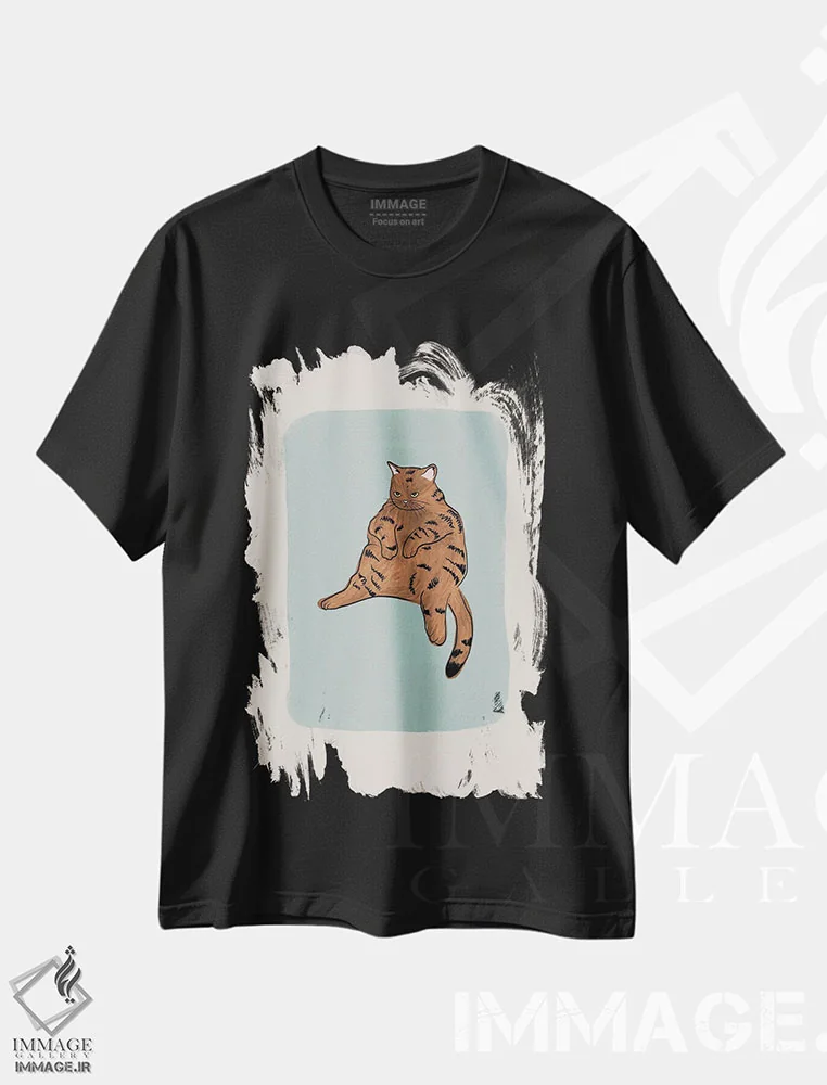 تیشرت مشکی طرح دار گربه قهوه ای، تزئینی اثر اورارا استودیو | فروشگاه ایماژ