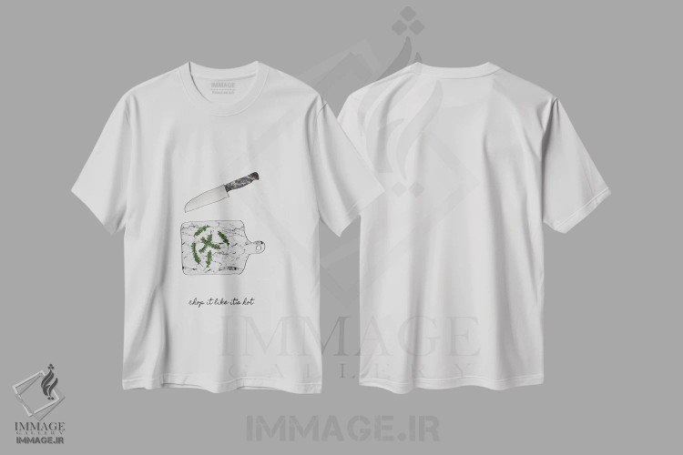تیشرت سفید طرح دار بُرشش بده مثل اینکه داغ است، تزئینی اثر اورارا استودیو | immage.ir