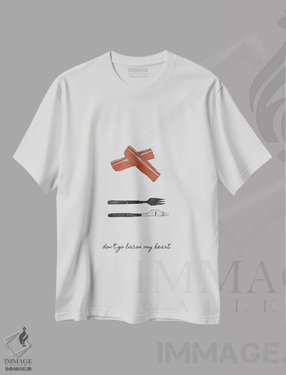 تیشرت سفید طرح دار قلبم را با بیکن نشکن، تزئینی اثر اورارا استودیو | immage.ir