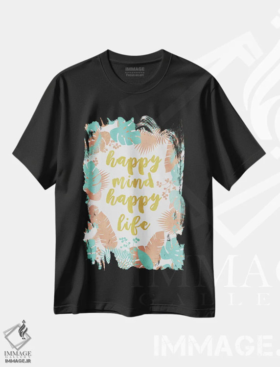 تیشرت مشکی طرح دار ذهن شاد، زندگی شاد، تزئینی اثر اورارا استودیو | immage.ir