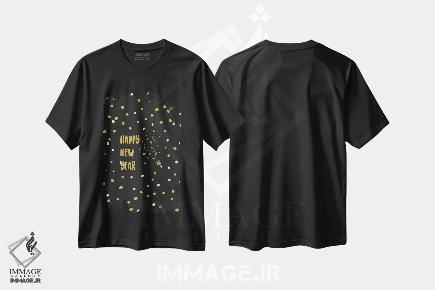 تیشرت مشکی طرح دار سال نو مبارک طلایی، تزئینی اثر اورارا استودیو | immage.ir