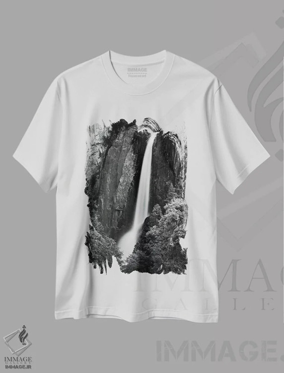 تیشرت سفید طرح دار "آبشارهای پایین یوسمیت"، عکاسی سیاه و سفید اثر دیوید اوریاس | فروشگاه ایماژ