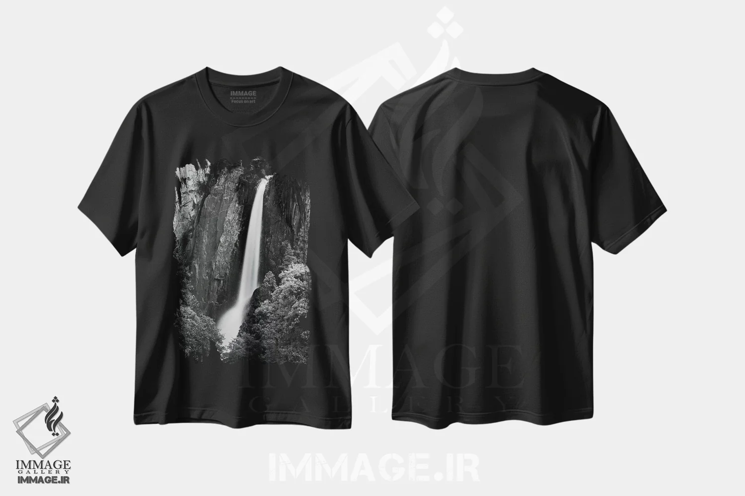 تیشرت مشکی طرح دار "آبشارهای پایین یوسمیت"، عکاسی سیاه و سفید اثر دیوید اوریاس | immage.ir