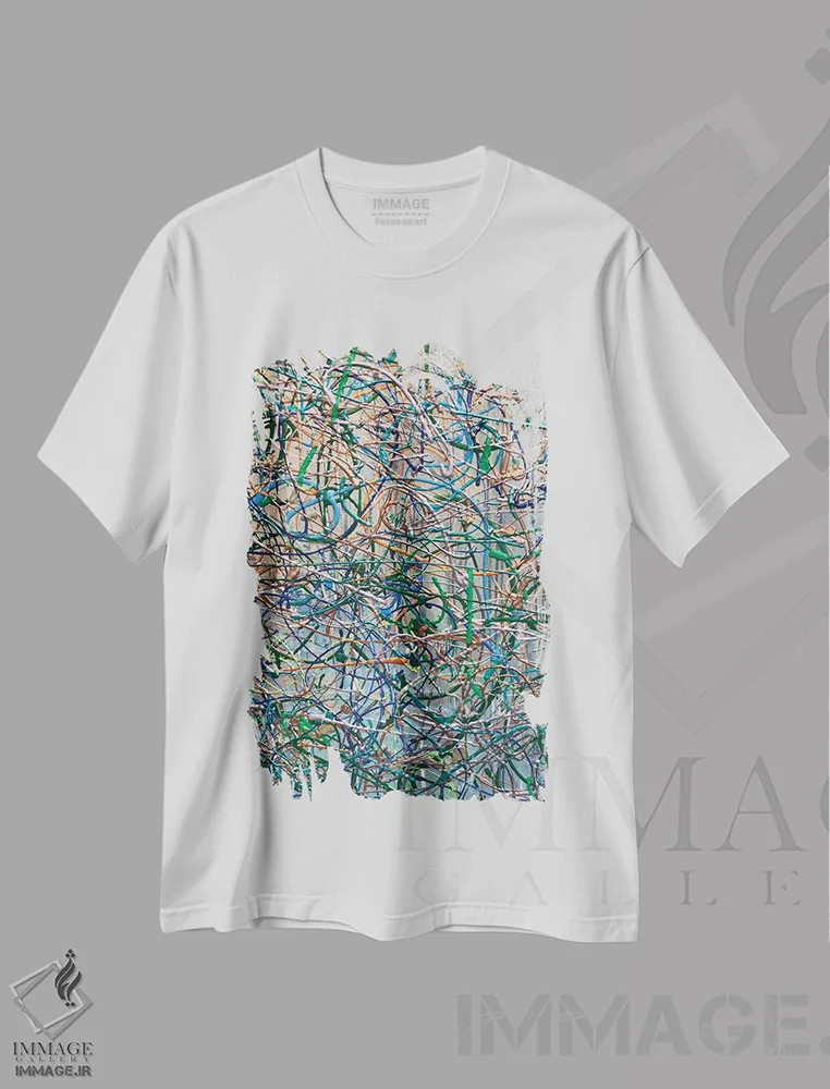 تیشرت سفید طرح دار "الهام گرفته از جکسون پولاک آبی طلایی III" اثر ایرنا اورلوف | فروشگاه ایماژ