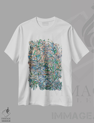 تیشرت سفید طرح دار "الهام گرفته از جکسون پولاک آبی طلایی III" اثر ایرنا اورلوف | فروشگاه ایماژ