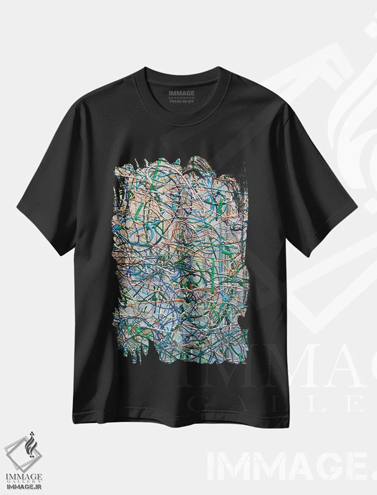 تیشرت مشکی طرح دار "الهام گرفته از جکسون پولاک آبی طلایی III" اثر ایرنا اورلوف | immage.ir