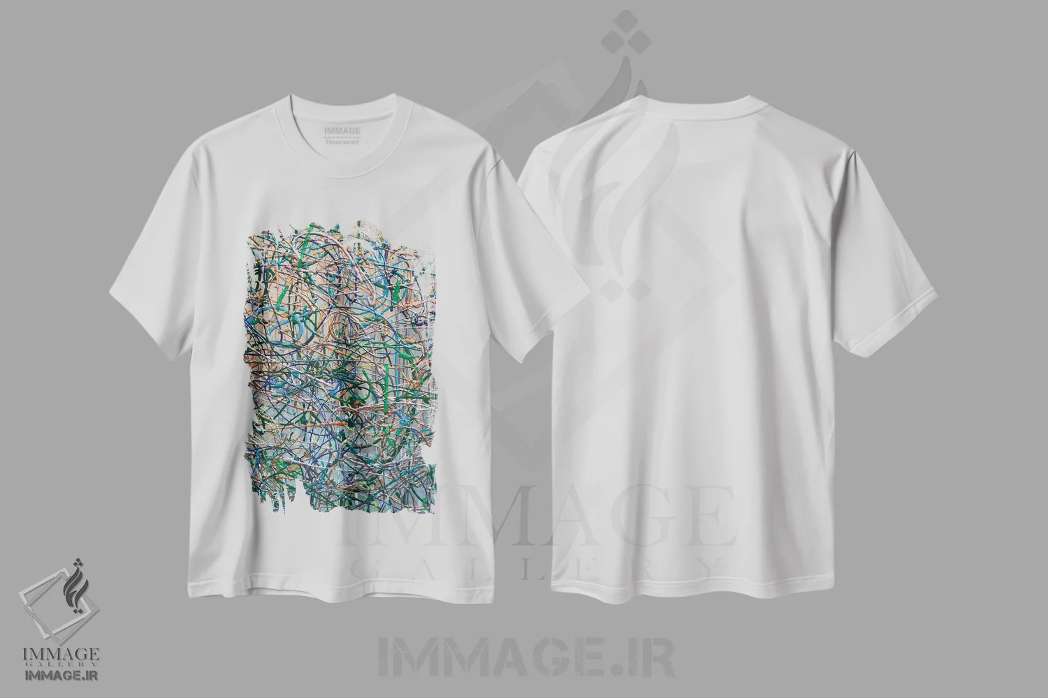 تیشرت سفید طرح دار "الهام گرفته از جکسون پولاک آبی طلایی III" اثر ایرنا اورلوف | فروشگاه ایماژ