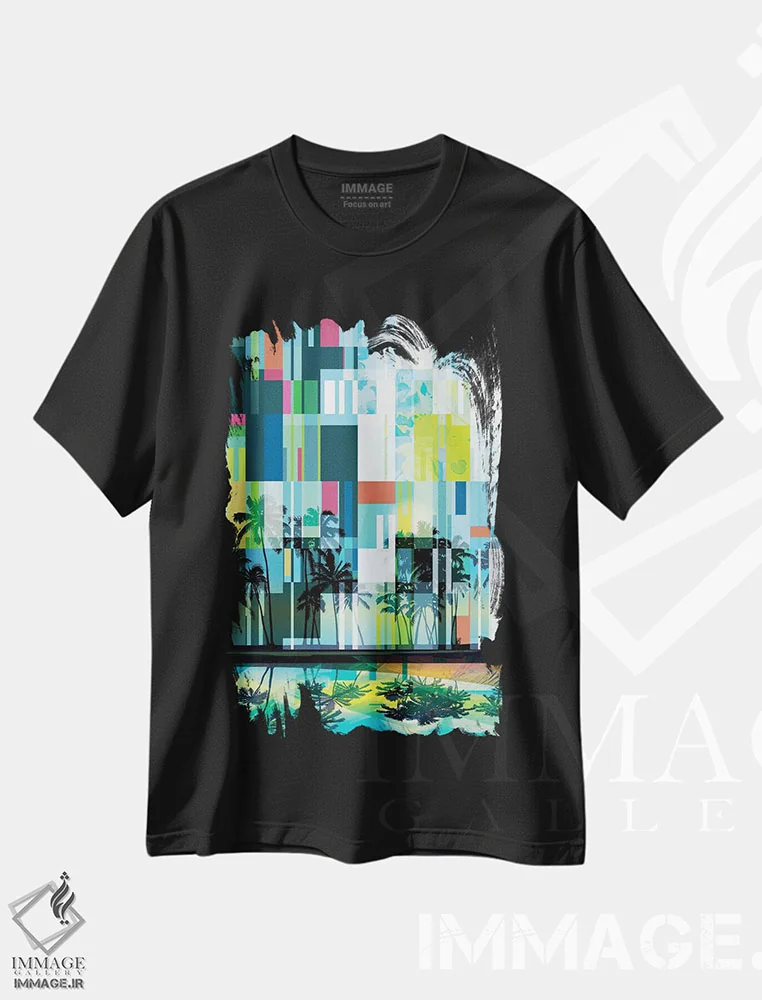 تیشرت مشکی طرح دار "نخل های مدرن میانه قرن II"، تزئینی اثر ایرنا اورلوف | فروشگاه ایماژ