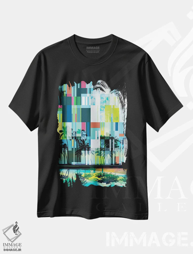تیشرت مشکی طرح دار "نخل های مدرن میانه قرن II"، تزئینی اثر ایرنا اورلوف | فروشگاه ایماژ