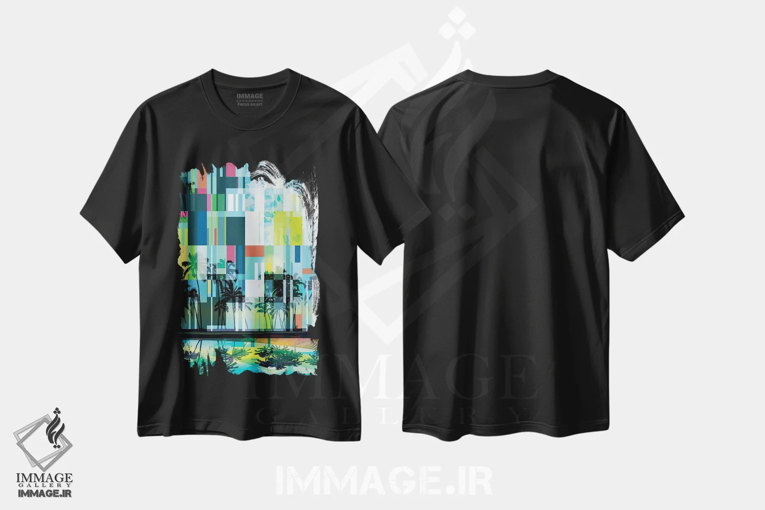 تیشرت مشکی طرح دار "نخل های مدرن میانه قرن II"، تزئینی اثر ایرنا اورلوف | فروشگاه ایماژ