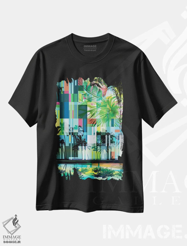 تیشرت مشکی طرح دار "نخل های مدرن میانه قرن IV"، تزئینی اثر ایرنا اورلوف | فروشگاه ایماژ