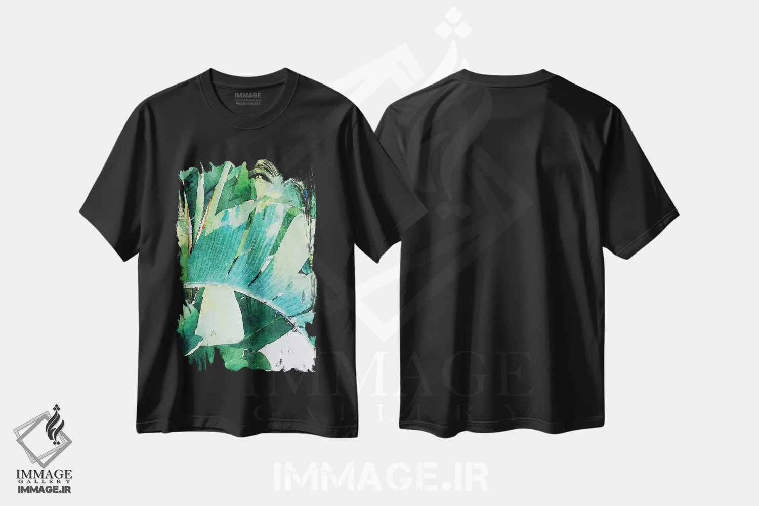 تیشرت مشکی طرح دار "برگ های نخل در آفتاب II"، تزئینی اثر ایرنا اورلوف | فروشگاه ایماژ