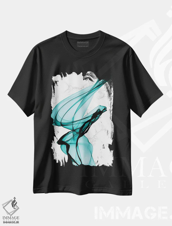 تیشرت مشکی طرح دار "روبان های سبزآبی I" اثر ایرنا اورلوف | فروشگاه ایماژ