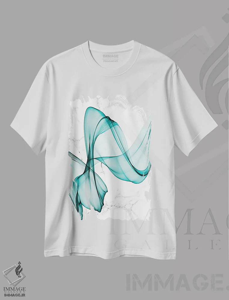 تیشرت سفید طرح دار "روبان های سبزآبی III" اثر ایرنا اورلوف | فروشگاه ایماژ