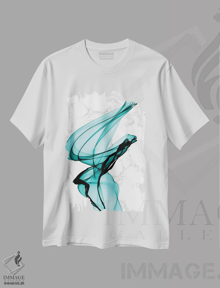 تیشرت سفید طرح دار "روبان های سبزآبی I" اثر ایرنا اورلوف | immage.ir