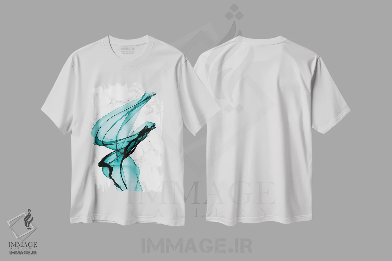 تیشرت سفید طرح دار "روبان های سبزآبی I" اثر ایرنا اورلوف | immage.ir