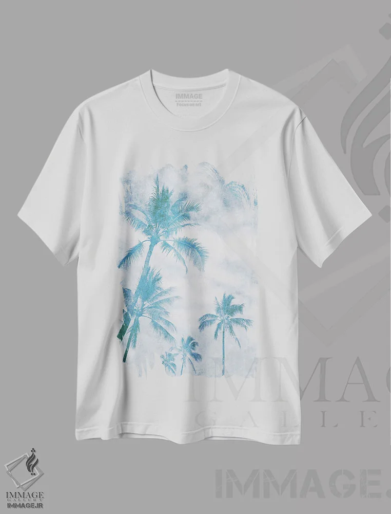 تیشرت سفید طرح دار "سواحل آبی کالیفرنیا، نخل ها I"، دکور ساحلی اثر ایرنا اورلوف | فروشگاه ایماژ