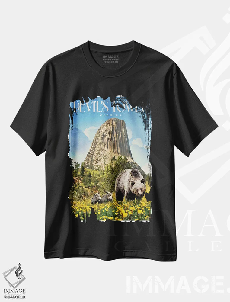 تیشرت مشکی طرح دار برج شیطان، تزئینی اثر اولد رد تراک | فروشگاه ایماژ