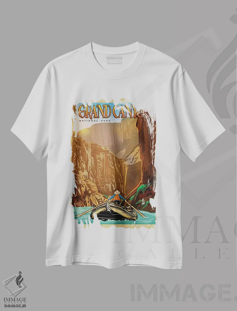 تیشرت سفید طرح دار سوار شدن بر رودخانه گرند کنیون، تزئینی اثر اولد رد تراک | فروشگاه ایماژ
