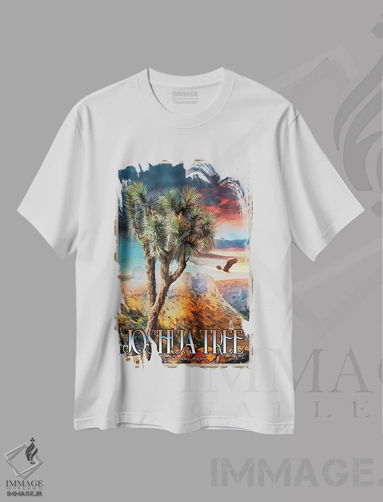 تیشرت سفید طرح دار پارک ملی جاشوا تری، تزئینی اثر اولد رد تراک | فروشگاه ایماژ