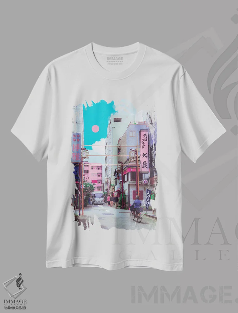 تیشرت سفید طرح دار کیوتو شهر پاستلی، عکاسی ترکیبی اثر دانر اوروزکو | فروشگاه ایماژ