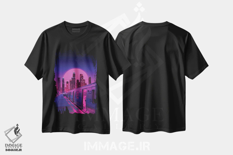 تیشرت مشکی طرح دار قطار شهر نئون، عکاسی ترکیبی اثر دانر اوروزکو | immage.ir