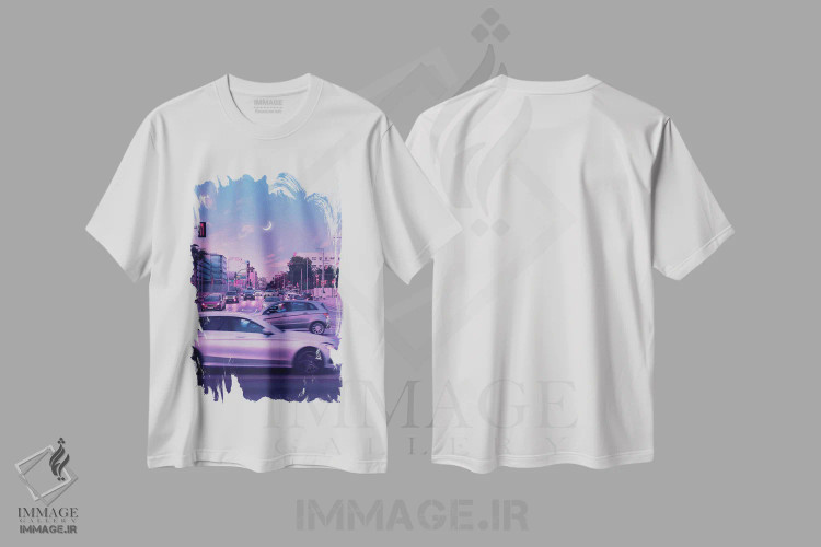 تیشرت سفید طرح دار شهر بنفش، عکاسی ترکیبی اثر دانر اوروزکو | فروشگاه ایماژ