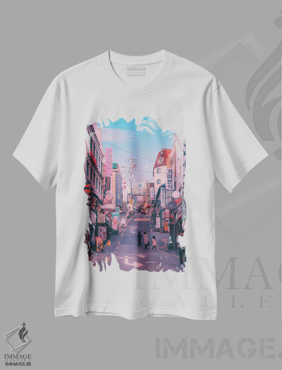 تیشرت سفید طرح دار سئول شهر پاستلی، عکاسی ترکیبی اثر دانر اوروزکو | فروشگاه ایماژ