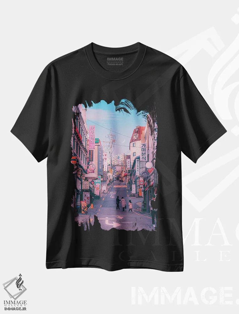 تیشرت مشکی طرح دار سئول شهر پاستلی، عکاسی ترکیبی اثر دانر اوروزکو | immage.ir