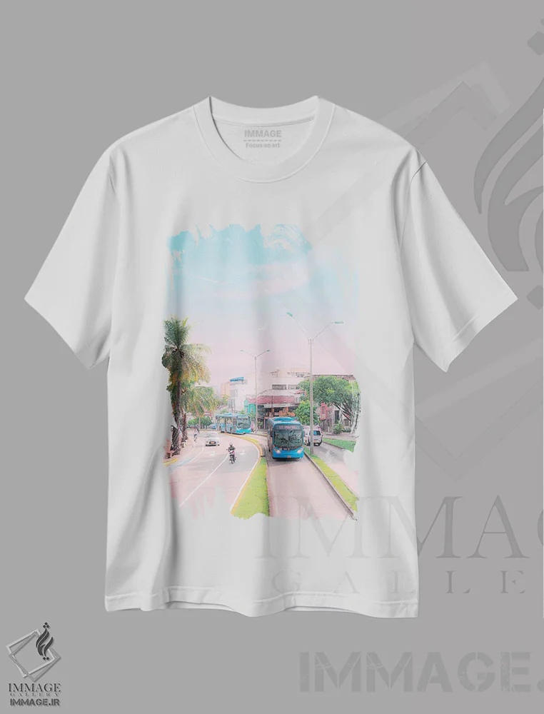 تیشرت سفید طرح دار کالی شهر پاستلی، عکاسی ترکیبی اثر دانر اوروزکو | فروشگاه ایماژ