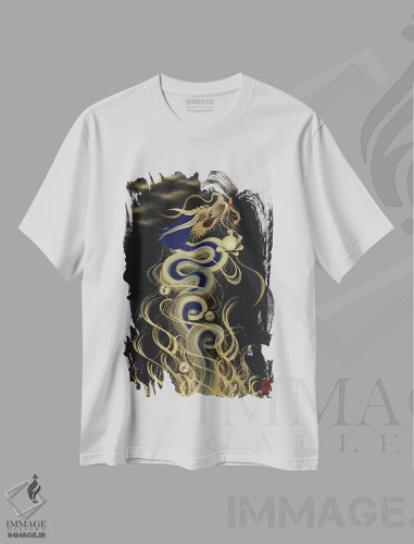تیشرت سفید طرح دار اژدهای آبی پرنده به سوی ماه، دکور آسیایی اثر دراگون وان-استروک | فروشگاه ایماژ