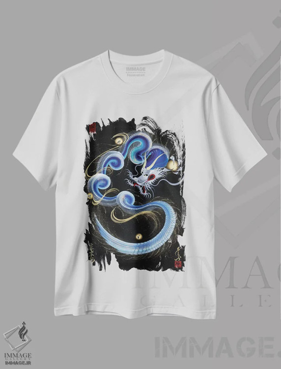 تیشرت سفید طرح دار اژدهای آبی نگهبان، دکور آسیایی اثر دراگون وان-استروک | immage.ir