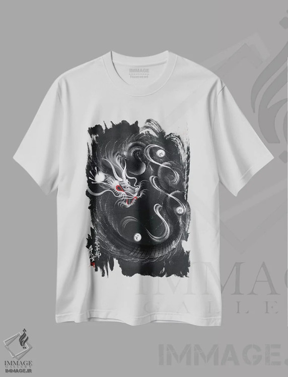 تیشرت سفید طرح دار اژدهای سیاه نقره ای نگهبان، دکور آسیایی اثر دراگون وان-استروک | فروشگاه ایماژ