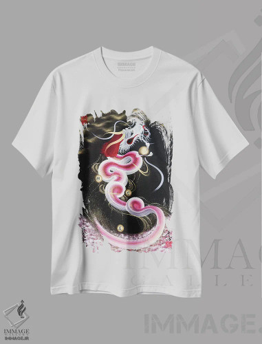 تیشرت سفید طرح دار اژدهای در حال صعود گل های گیلاس به ماه، دکور آسیایی اثر دراگون وان-استروک | فروشگاه ایماژ