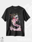 تیشرت مشکی طرح دار اژدهای در حال صعود گل های گیلاس به ماه، دکور آسیایی اثر دراگون وان-استروک | immage.ir