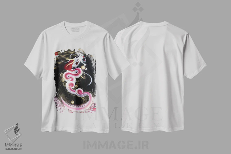 تیشرت سفید طرح دار اژدهای در حال صعود گل های گیلاس به ماه، دکور آسیایی اثر دراگون وان-استروک | فروشگاه ایماژ
