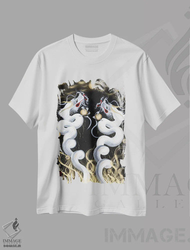 تیشرت سفید طرح دار اژدهای دوقلوی سفید در حال صعود به ماه، دکور آسیایی اثر دراگون وان-استروک | فروشگاه ایماژ
