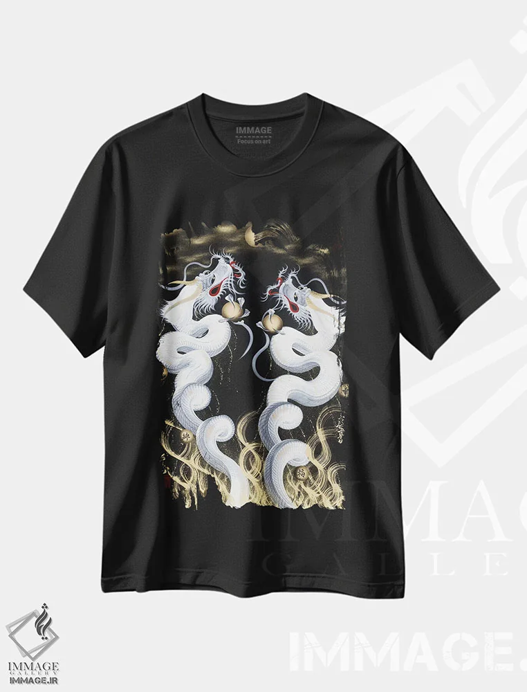 تیشرت مشکی طرح دار اژدهای دوقلوی سفید در حال صعود به ماه، دکور آسیایی اثر دراگون وان-استروک | immage.ir