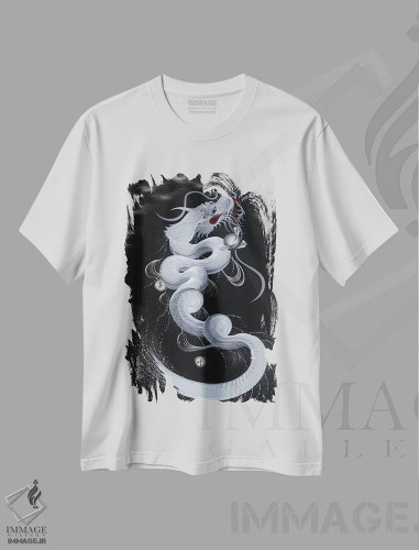 تیشرت سفید طرح دار اژدهای سفید خوش شانس، دکور آسیایی اثر دراگون وان-استروک | فروشگاه ایماژ
