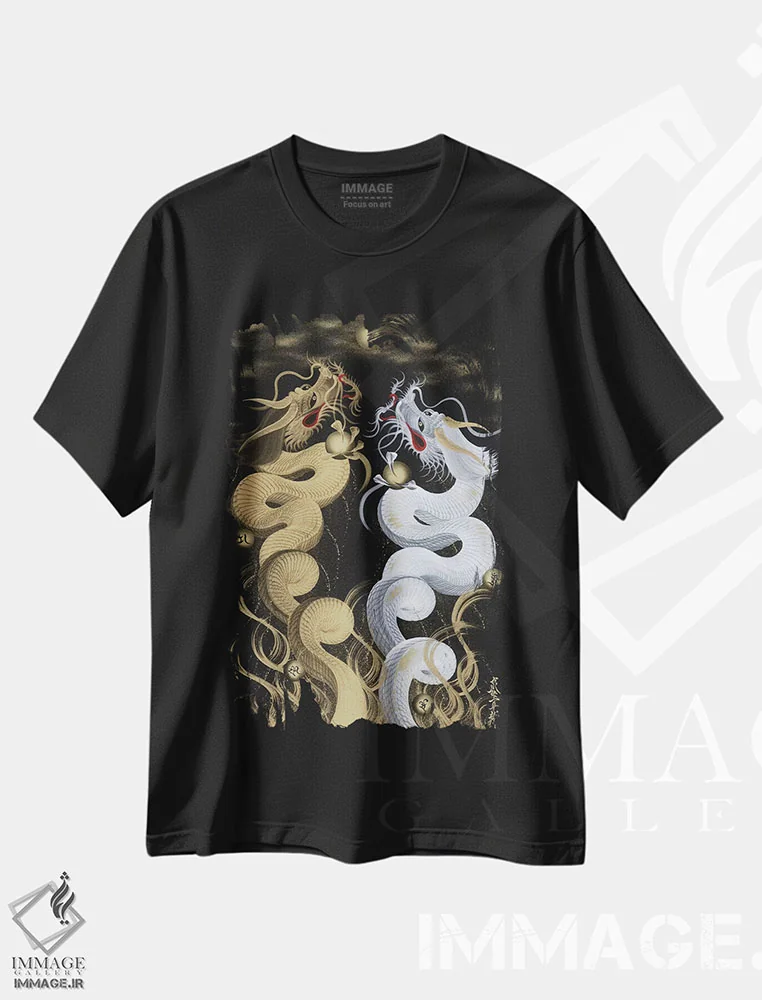 تیشرت مشکی طرح دار اژدهای دوقلوی سفید و طلایی پرنده، دکور آسیایی اثر دراگون وان-استروک | فروشگاه ایماژ